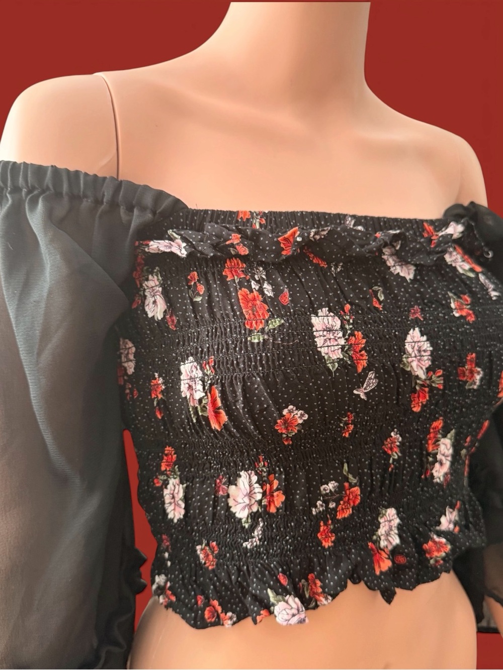 Angie Black Smocked Off-Shoulder Crop Top 100% Rayon Size Medium